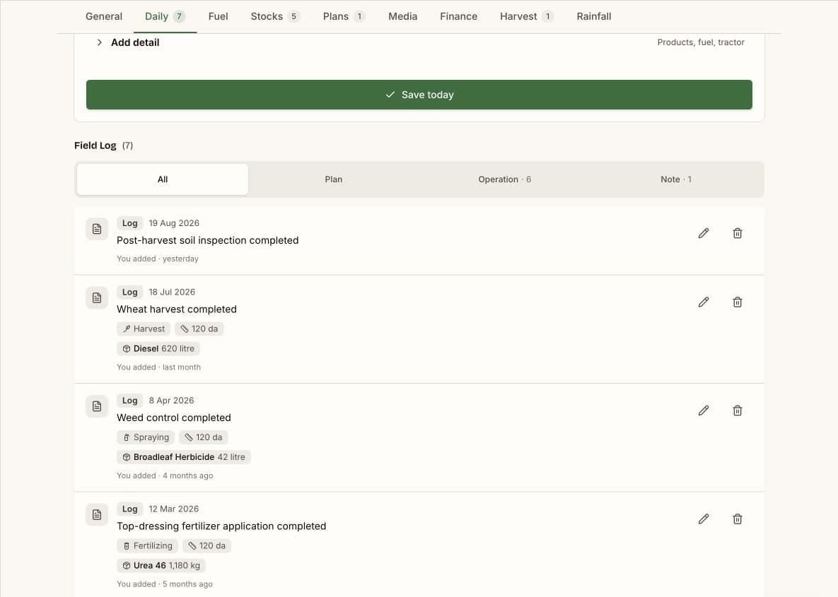 Harmiqa field diary showing dated field work and stock usage